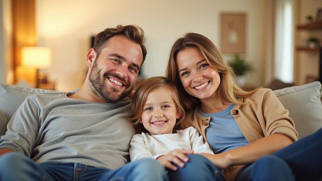 Rodina sedí na pohovce doma, usmívající se, symbolizující bezpečnost a klid mysli