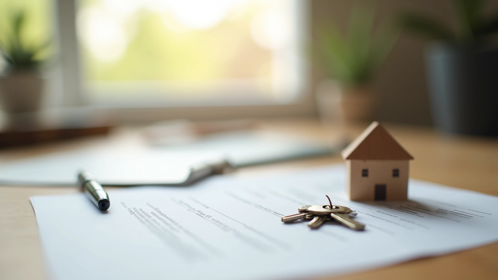 Klíče od domu na dřevěném stole s dokumenty pojištění