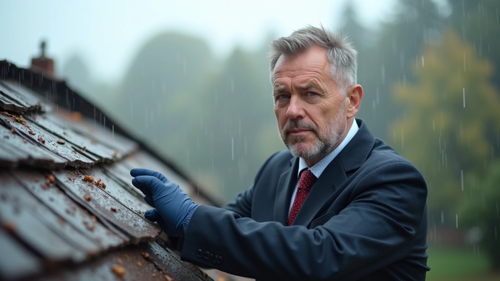 Pojistitel kontroluje stav střechy domu po zimní bouřce