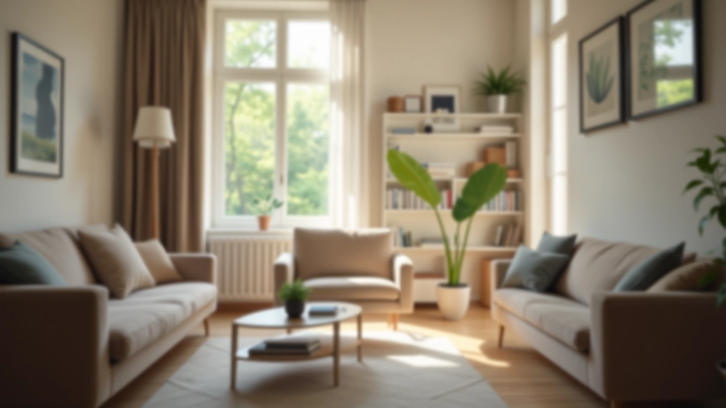 Moderní obývací pokoj s pohodlným nábytkem, knižnicí a oknem s přirozeným světlem